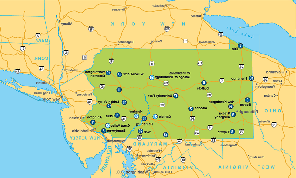 Map of Pennsylvania, including Penn State Campuses and major roads.